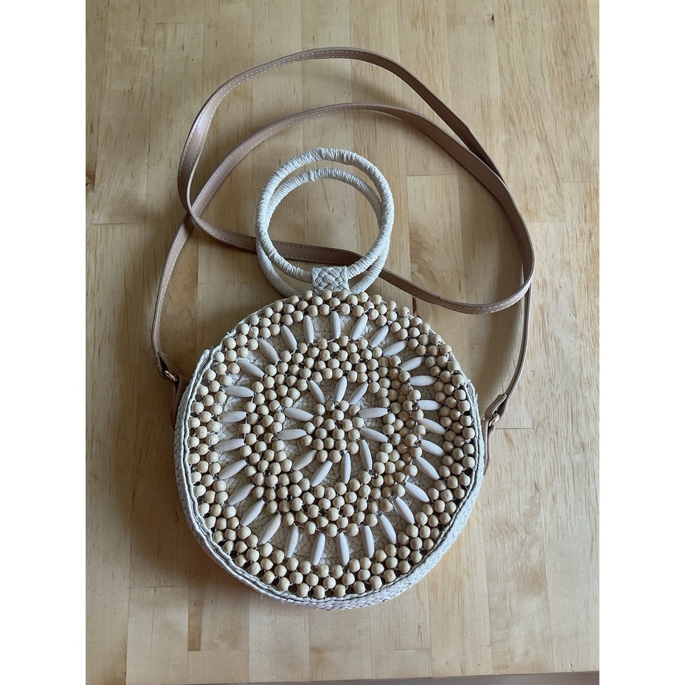 A New Day Women Cream Woven‎ Straw Round Crossbody Bag with Wood Bead Detail